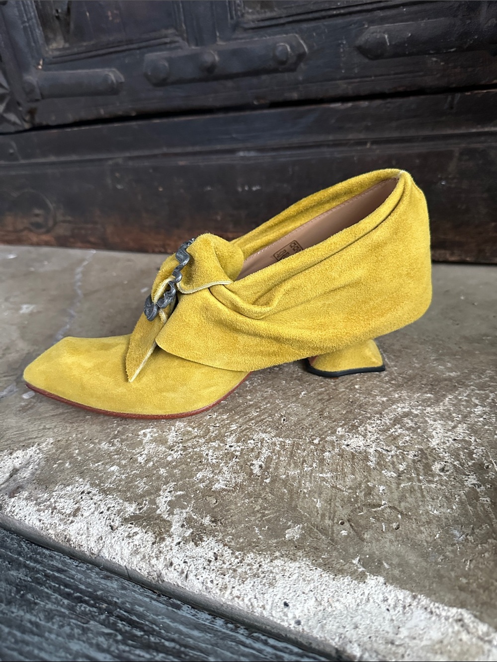 Fluevog Juliette Suede Pointed Toe Heels with Decorative Buckle. - Picture 3 of 10